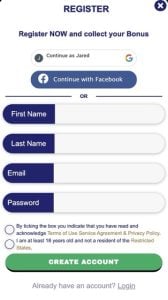 Screenshot of the RealPrize Casino registration page.